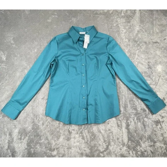 NY&C Teal Stretch Button Down Shirt Women XL NWT Long Sleeve Fitted Blouse Work - Picture 2 of 5